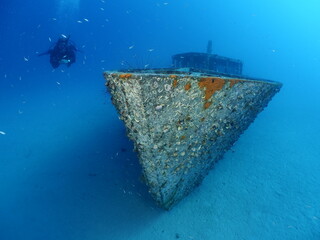 ship wreck scenery underwater shipwreck metal on the ocean floor with fish school around scua...