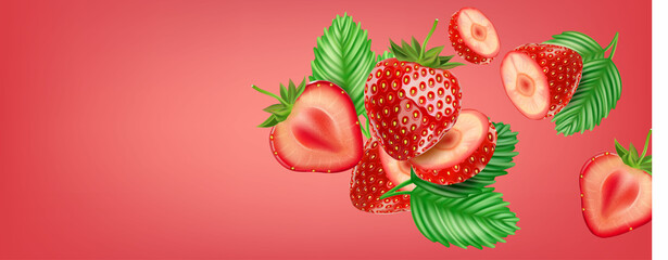Strawberry fruits flying with strawberries of pieces element in the middle on solid color background. Realistic vector in 3D illustration.