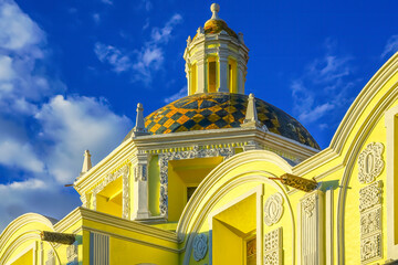 Yellow dome San Cristobal Church, Puebla, Mexico. Built in 1600 to 1700's