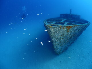 ship wreck scenery underwater shipwreck metal on the ocean floor with fish school around scua divers to explore