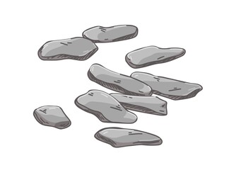Small stones heap. Broken rocks pieces. Pile of cobblestone debris. Natural building fossil. Rough rocky fragments. Realistic hand-drawn vector illustration isolated on white background
