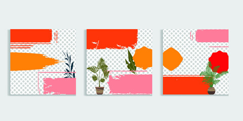 Social media covers with simple design elements . grunge style . Leaves . Post frame stories templates.  Layout for promotion .Media banner .Vector
