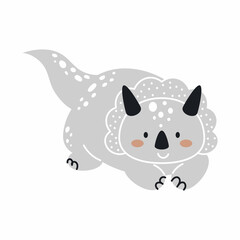 Cute grey dinosaur in scandinavian style. Funny cartoon dino for kids cards, baby shower, t-shirt, birthday invitation, house interior. Bohemian childish vector illustration.