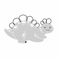 Cute grey dinosaur in scandinavian style. Funny cartoon dino for kids cards, baby shower, t-shirt, birthday invitation, house interior. Bohemian childish vector illustration.