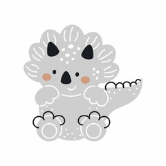 Cute grey dinosaur in scandinavian style. Funny cartoon dino for kids cards, baby shower, t-shirt, birthday invitation, house interior. Bohemian childish vector illustration.
