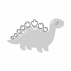 Cute grey dinosaur in scandinavian style. Funny cartoon dino for kids cards, baby shower, t-shirt, birthday invitation, house interior. Bohemian childish vector illustration.