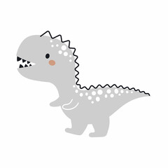 Cute grey dinosaur in scandinavian style. Funny cartoon dino for kids cards, baby shower, t-shirt, birthday invitation, house interior. Bohemian childish vector illustration.