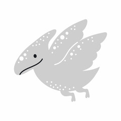 Cute grey dinosaur in scandinavian style. Funny cartoon dino for kids cards, baby shower, t-shirt, birthday invitation, house interior. Bohemian childish vector illustration.