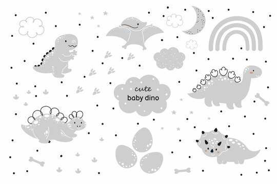 Set of cute grey baby dinosaurs in scandinavian style. Funny cartoon dinos collection for kids cards, baby shower, t-shirt, birthday invitation, house interior. Bohemian childish vector illustration