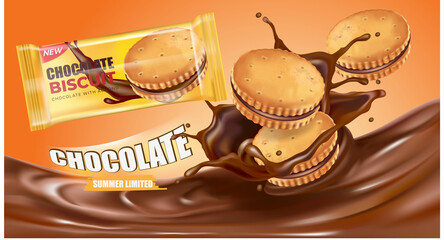 Biscuit cookies packaging in the middle isolated on solid color background. Vector realistic in 3d illustration.