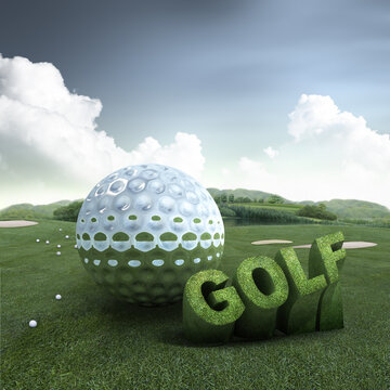 3d Golf Ball Background With Golf Course Field
