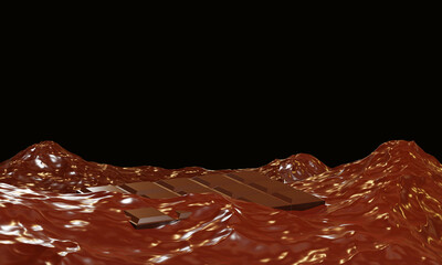 Melting chocolate bar in a sea of hot chocolate. Melting chocolate, 3d render. Chocolate, abstract background