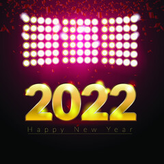 2022 Happy New Year. Golden numbers, glitter, and stars, and multiple lights on dark background. New Year 2022 greeting card. Vector illustration.