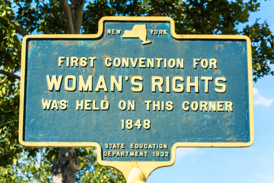 Seneca Falls, New York, United States of America – September 13, 2016. Historic plate in Seneca Falls marking the place where the First Convention for Woman’s Rights was held in 1848. 