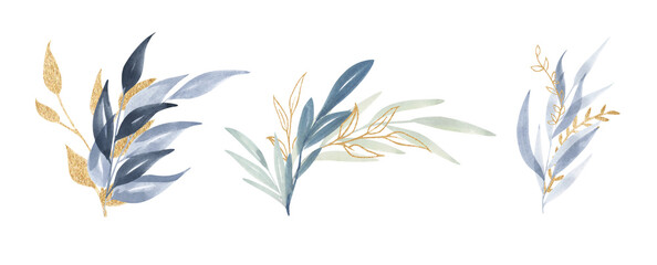 Fototapeta na wymiar Watercolor floral illustration set. Blue and Gold leaf branches collection. It's perfect for greeting cards, wedding invitation, birthday.
