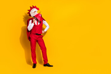 Fototapeta na wymiar Photo of freak guy hold jacket chinese event concept wear rooster mask red suit isolated yellow color background