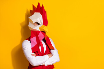 Photo of self-assured manager guy folded arms wear crazy cock mask red suit isolated yellow color...