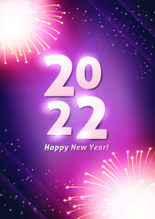 Happy New Year illustration with Fireworks magenta Background. Vector Holiday Design for Premium Greeting Card, Party Invitation.