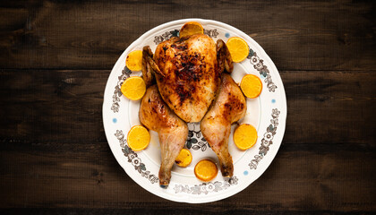 Christmas chicken on the rustic background. Selective focus. Christmas food.