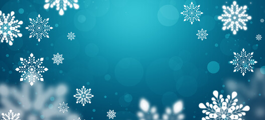 Blue, bright illustration with white snowflakes and blurry lights. Christmas bright background with copy space. Blue illustration for congratulations or postcards.