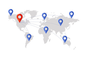 World Map with Location Signs, Network Connection, Points of Destination, Gray Map, Red and Blue Pins, Illustration Isolated.