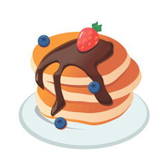 Vector illustration of pancakes. Pastries with chocolate, blueberries and strawberries. Breakfast concept. Illustration for advertising, cafe or restaurant menu.