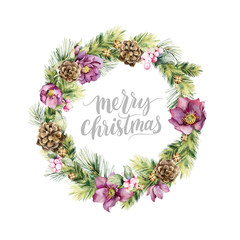 Watercolor Christmas wreath. Hand painted with spruce branches, pinecones cone and flowers helleborus isolated on white background. Merry Christmas card with hand lettering