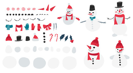 Vector snowman template, elements hat, carrot, scarf, candy cane, snow balls, eyes, mouth make own snowman, change faces. Set of characters.