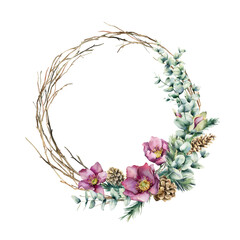 Elegant watercolor wreath decorated with eucalyptus branches, pinecones cone and flowers helleborus. Template for holiday card or print.