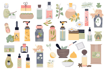 Spa and organic cosmetics isolated elements set. Collection of different types of bottles with skin care products, fruits, herbs and flowers compositions. Vector illustration in flat cartoon design