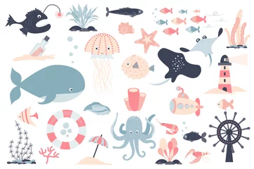 Papier Peint photo Vie marine Sea creature and plants isolated elements set. Collection of fishes, crab, jellyfish, submarine, lighthouse and other. Underwater and marine compositions. Vector illustration in flat cartoon design