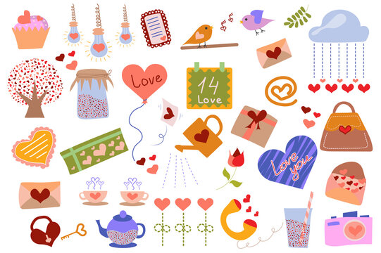 Valentines day isolated elements set. Collection of gift, heart, cupcake, bird, letter, cloud, balloon, lock, key and other. Romantic holiday compositions. Vector illustration in flat cartoon design
