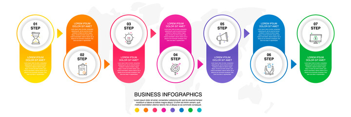 Vector infographics seven circles. Business concept of 7 steps, options. Infographic template for diagram, business, web, banner, presentations, flowchart, content, levels, chart