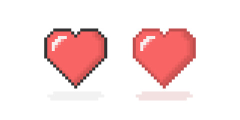 Red pixel heart icon isolated on white background. Romantic love sign with shine and shadow. EPS 8 Vector 8bit pixel art illustration