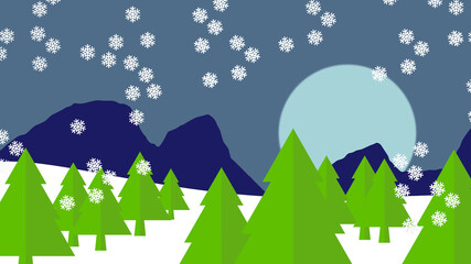 Winter landscape. Green pine trees. SNOWFLAKES. Merry Christmas. 3D illustration, blue background. Nativity ornament. Snow.