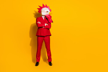 Photo of charismatic unusual employee crossed arms wear rooster mask red tux isolated yellow color background