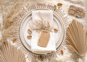 Wedding Table place with Blank gift tag and bohemian decorations