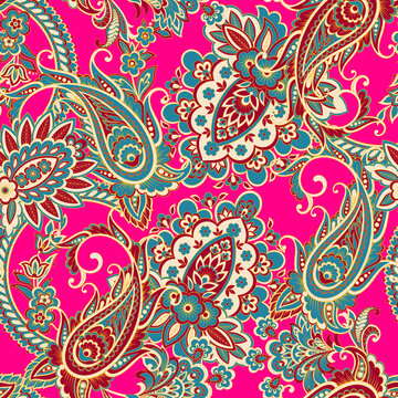 Floral fabric background with paisley ornament. Seamless vector pattern