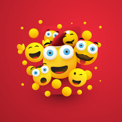 Merry Christmas! - Various Smiling Happy Yellow Emoticons on Red Background, Vector Design, Concept Illustration