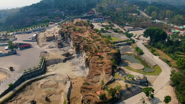 Breksi Cliff Park or Tebing Breksi Jogja, Yogyakarta, Indonesia. Aerial circling