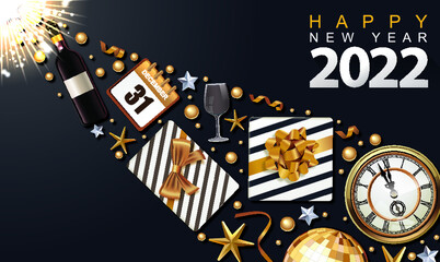Happy new year 2022 background, beautifully decorated in gold
