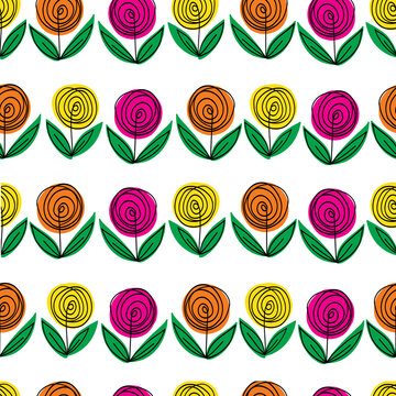 Doodle flowers seamless vector pattern. Modern line art background decorative flowers. Vector sketch illustration isolated on white background. Simple cute art for fabric, wallpaper, wrapping, spring.