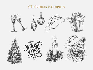 Christmas Set 2022 New Year and Christmas symbols, Christmas tree, tiger, Santa, cone, cinnamon, glasses, Candle, toys, gifts, sketch illustrations.Vector.