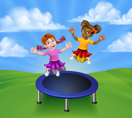 Kids Jumping On A Round Cartoon Trampoline