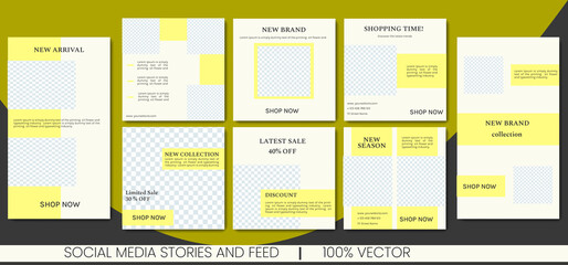 Collection set template post and stories for Instagram. Fashion, new arrival, discount new brand. Yellow colors