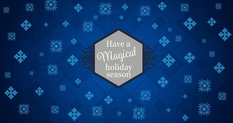 Digitally generated image of holiday greeting on patterned blue background, copy space