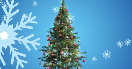 Digital composite of snowflakes and christmas tree over blue background with copy space