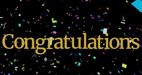 Digital composite image of congratulations text over confetti falling on black background