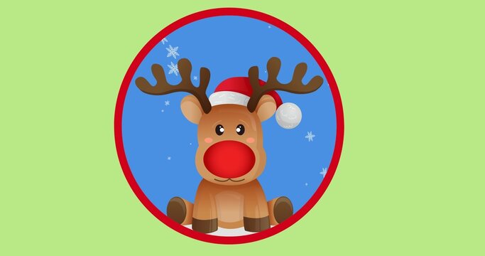 Vector image of reindeer wearing santa hat with copy space on green background