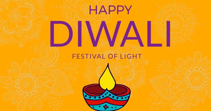 Digital composite image of happy diwali wishes for festival of light with diya on yellow background